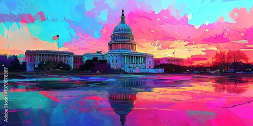 Abstract painting of the United States Capitol, in the background a sunset sky and vibrant colors. Representative building of democracy