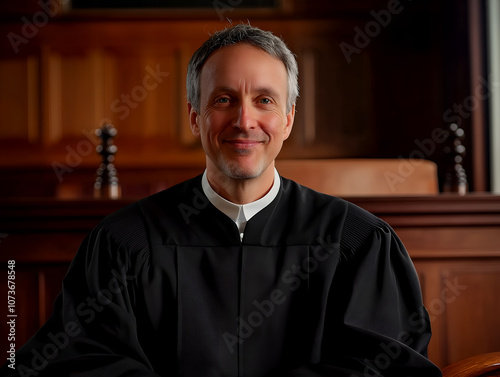 Smiling judge sitting in courtroom with gavel showcasing authority, professionalism, and a welcoming demeanor in judicial setting