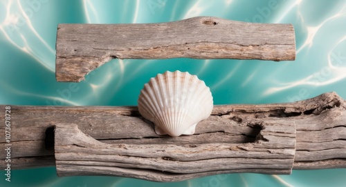 Seashell and Driftwood Frame on Turquoise Water Background. photo