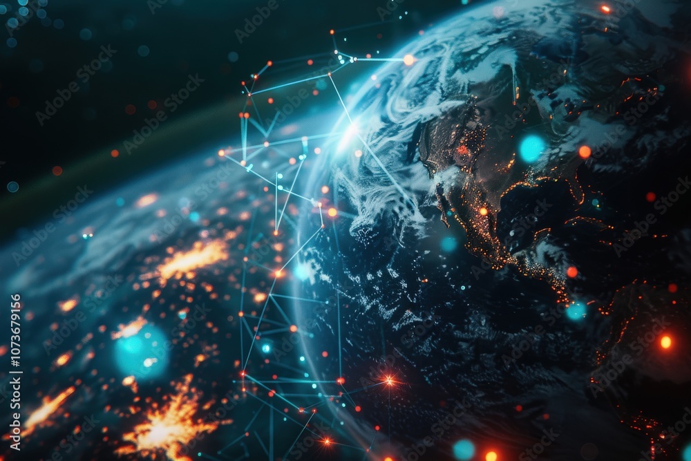 A digital network of interconnected nodes over a globe with city lights A digital network of interconnected nodes over a globe with city lights