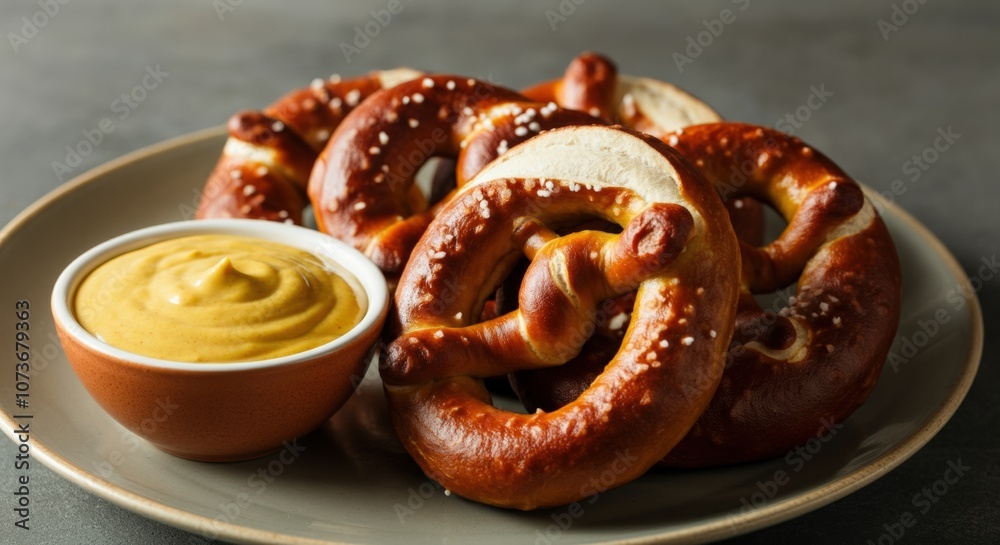 Soft Pretzels with Mustard Dip on a Plate Soft Pretzels with Mustard Dip on a Plate
