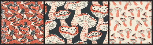 Seamless pattern with hand drawn fly agaric mushrooms in retro motif. Graphic design, abstract wallpaper, textile print, collection of textures of poisonous mushrooms. Artistic vector illustration.