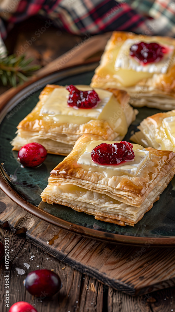 Brie Cranberry Bites on a dark green plate, puff-pastry, appetizers, festive