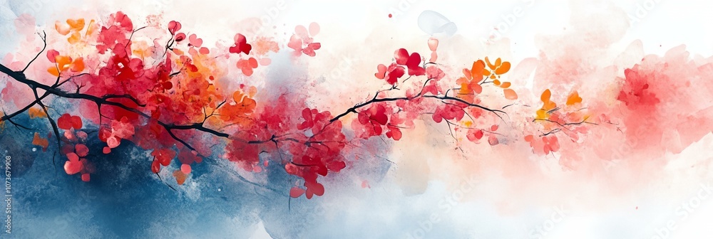A watercolor painting of a tree branch with red flowers A watercolor painting of a tree branch with red flowers