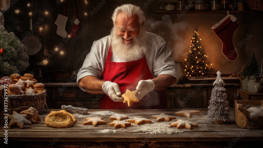 Santa Claus baking holiday cookies in a cozy kitchen decorated for Christmas at night Santa Claus baking holiday cookies in a cozy kitchen decorated for Christmas at night