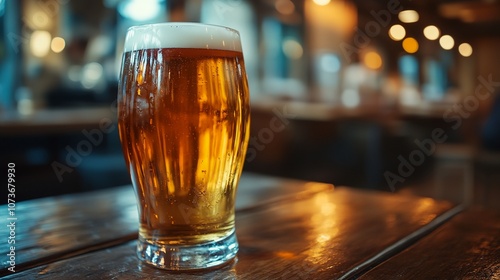 A glass of beer is sitting on a wooden table