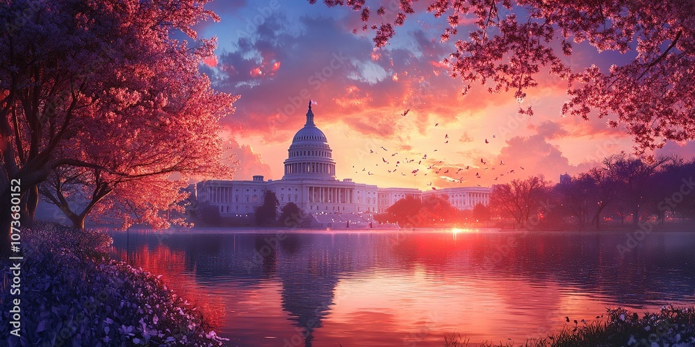 Obraz premium Abstract painting of the United States Capitol, in the background a sunset sky and vibrant colors. Representative building of democracy