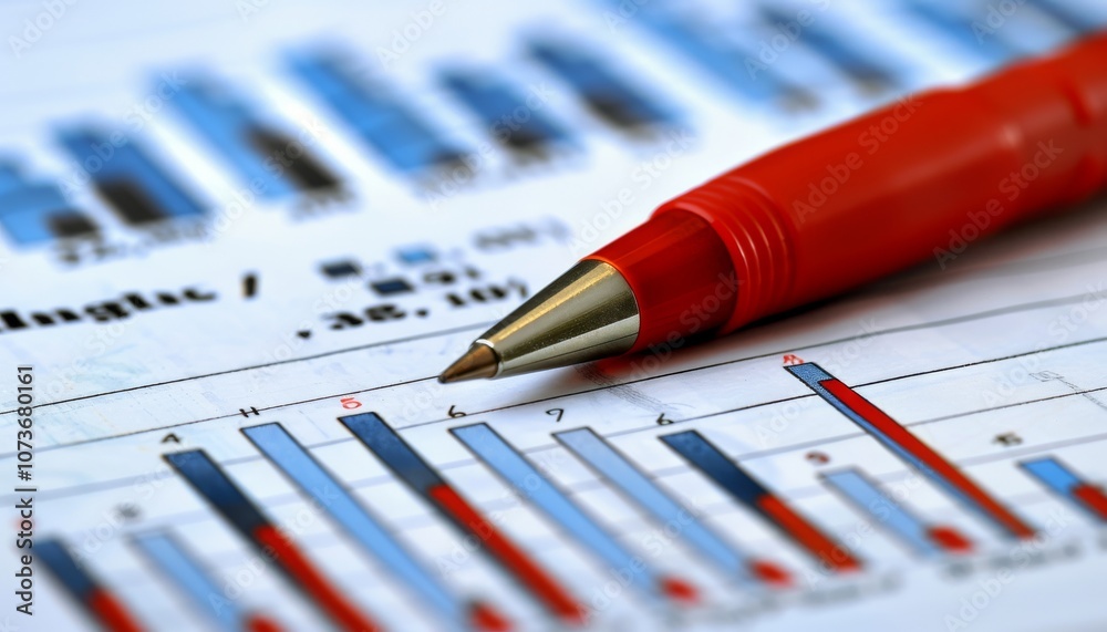 A close-up of a red pen resting on a financial report featuring blue and red bar graphs, highlighting data analysis and business metrics. A close-up of a red pen resting on a financial report featuring blue and red bar graphs, highlighting data analysis and business metrics.