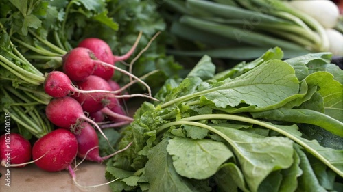Red radishes and green lettuce arranged in a basket against a winter backdrop