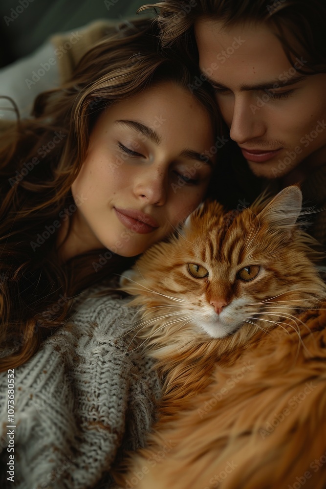 A loving woman and her young daughter cuddle a fluffy kitten, their eyes filled with warmth A loving woman and her young daughter cuddle a fluffy kitten, their eyes filled with warmth