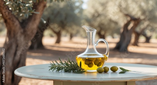 Olive oil in a glass pitcher with olives on a rustic table in an olive grove during a sunny day. photo