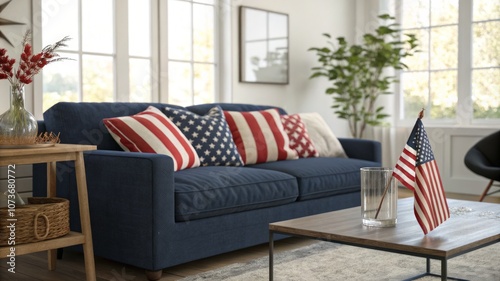 A blue couch with red, white and blue pillows and a red, white