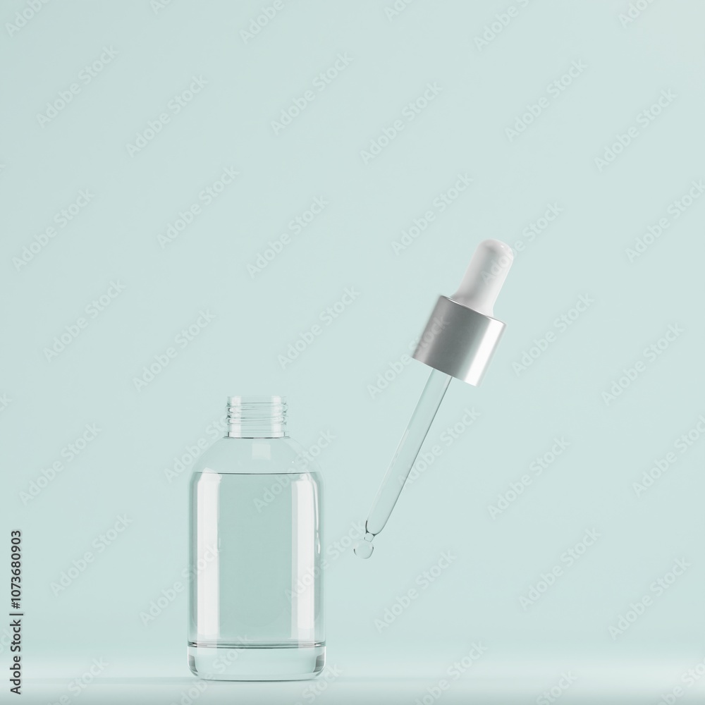 A clear glass dropper bottle with a silver cap sits open on a soft pastel teal background. A dropper filled with clear liquid hovers above, a single drop about to fall. A clear glass dropper bottle with a silver cap sits open on a soft pastel teal background. A dropper filled with clear liquid hovers above, a single drop about to fall.