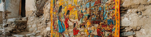 Wallpaper Mural Tribal Tapestry: A vibrant woven cloth, depicting scenes of everyday life in a traditional culture, hung on a rough-hewn wall. Torontodigital.ca
