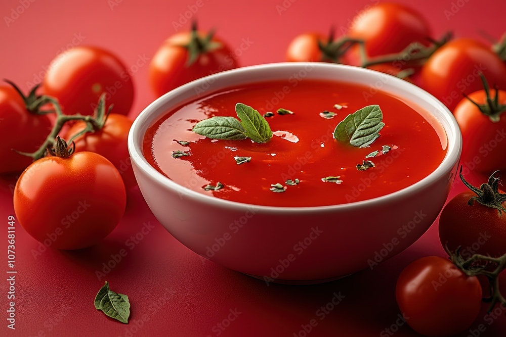 A bowl of tomato soup garnished with basil leaves and surrounded by fresh tomatoes. A bowl of tomato soup garnished with basil leaves and surrounded by fresh tomatoes.