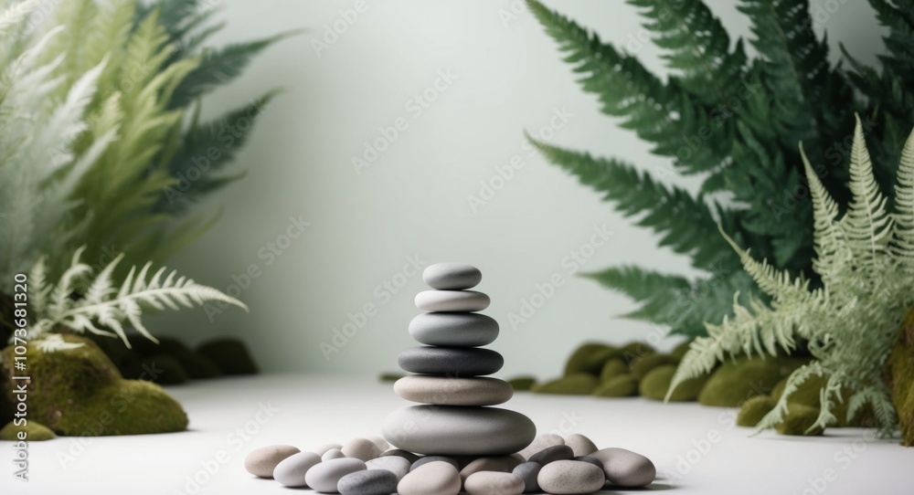 Stacked Stones on a Bed of Pebbles with Green Foliage in the Background. Stacked Stones on a Bed of Pebbles with Green Foliage in the Background.