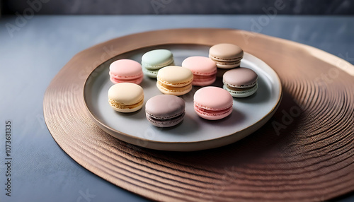  Macarons of various pastel hues are artfully arranged on a platter for a visually appea_1(579) photo