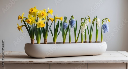 Elongated flower pot with daffodils and hyacinth bulbs on a wooden table. photo