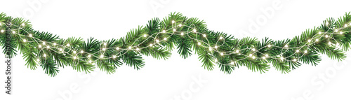 Seamless decorative christmas border with lights garland and coniferous branches isolated on transparent background