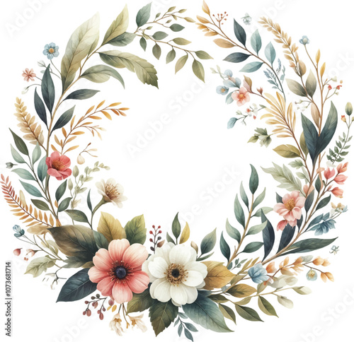 watercolor clipart of a Christmas Wreaths and Flowers, colorful, printing, isolated on white background