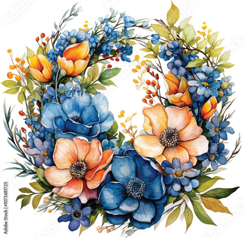 watercolor clipart of a Christmas Wreaths and Flowers, colorful, printing, isolated on white background