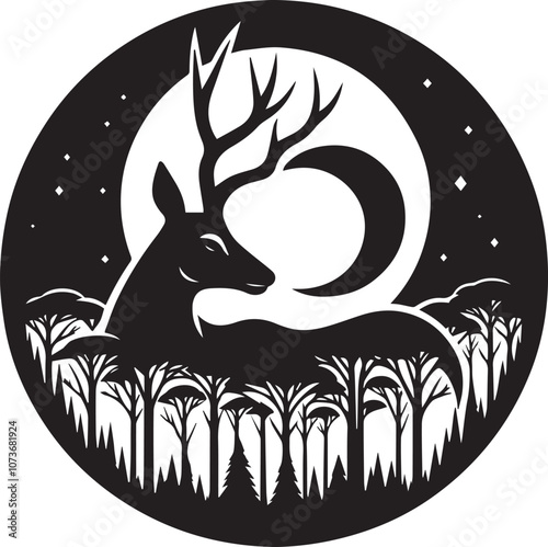 Antelope silhouette with a moonlit forest inside trees and moon within the outline