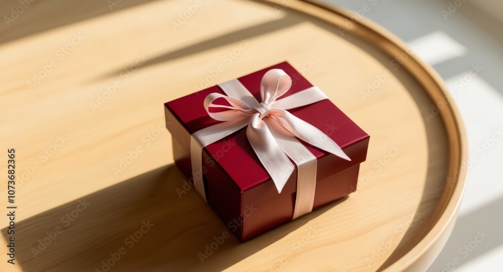 A red gift box with a bow sits on a warm wooden surface. A red gift box with a bow sits on a warm wooden surface.