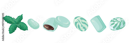 Peppermint candy with chocolate. Set of Menthol candies and dragee with chocolate filling. Vector image of mint caramel with cocoa.