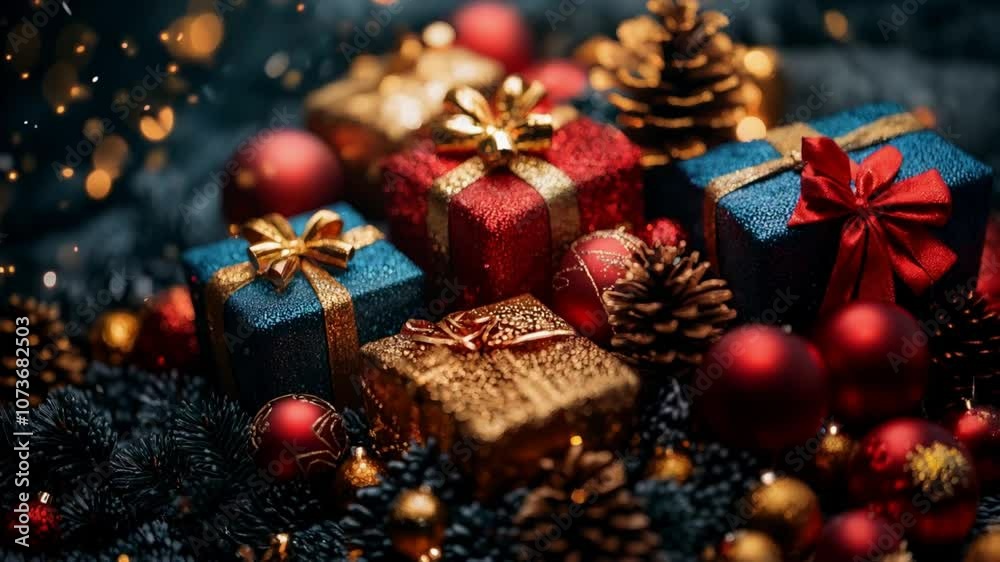 A closeup image of Christmas presents wrapped in red, blue and gold paper with gold ribbons, surrounded by red ornaments, pine cones and evergreen branches, set against a backdrop of warm, glowing bok A closeup image of Christmas presents wrapped in red, blue and gold paper with gold ribbons, surrounded by red ornaments, pine cones and evergreen branches, set against a backdrop of warm, glowing bok