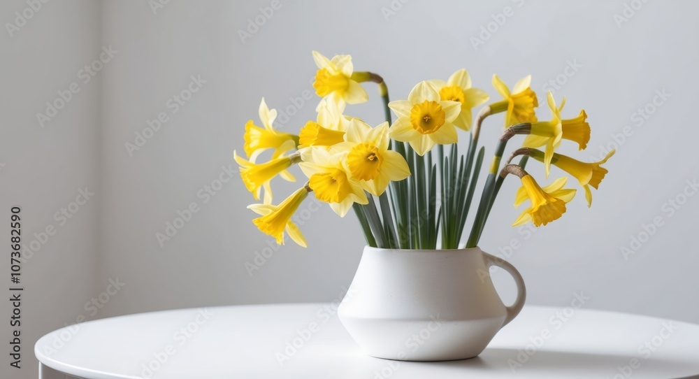 Blooming yellow daffodils in a white ceramic pot on a white table. Blooming yellow daffodils in a white ceramic pot on a white table.