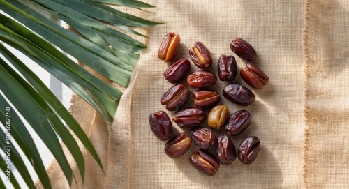 Dates on Burlap with Palm Leaf Background. photo