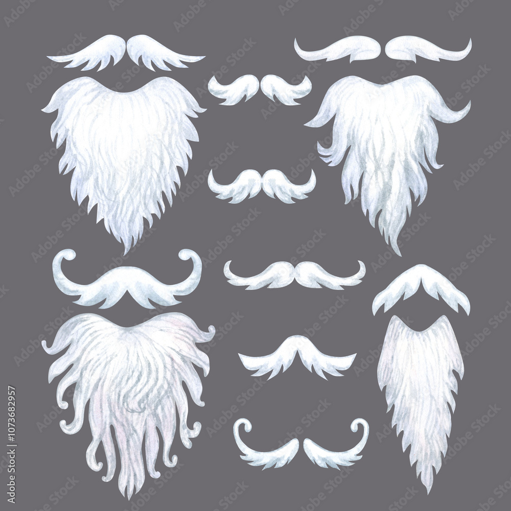 Fototapeta premium White lush beard and mustache of Santa Claus isolated on gray background. Set of watercolor illustrations. Christmas template for greeting cards, scrapbook, textile, wrapping for New Year celebration