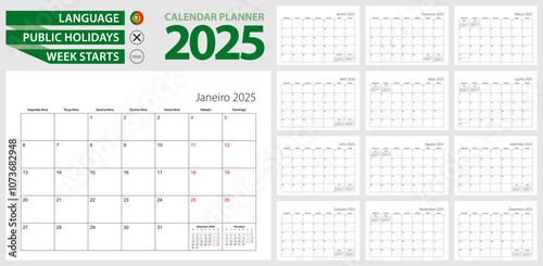 Portuguese calendar planner for 2025. Portuguese language, week starts from Monday.