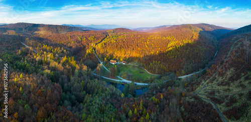 Autumn in forest - mountain panorama frome drone.