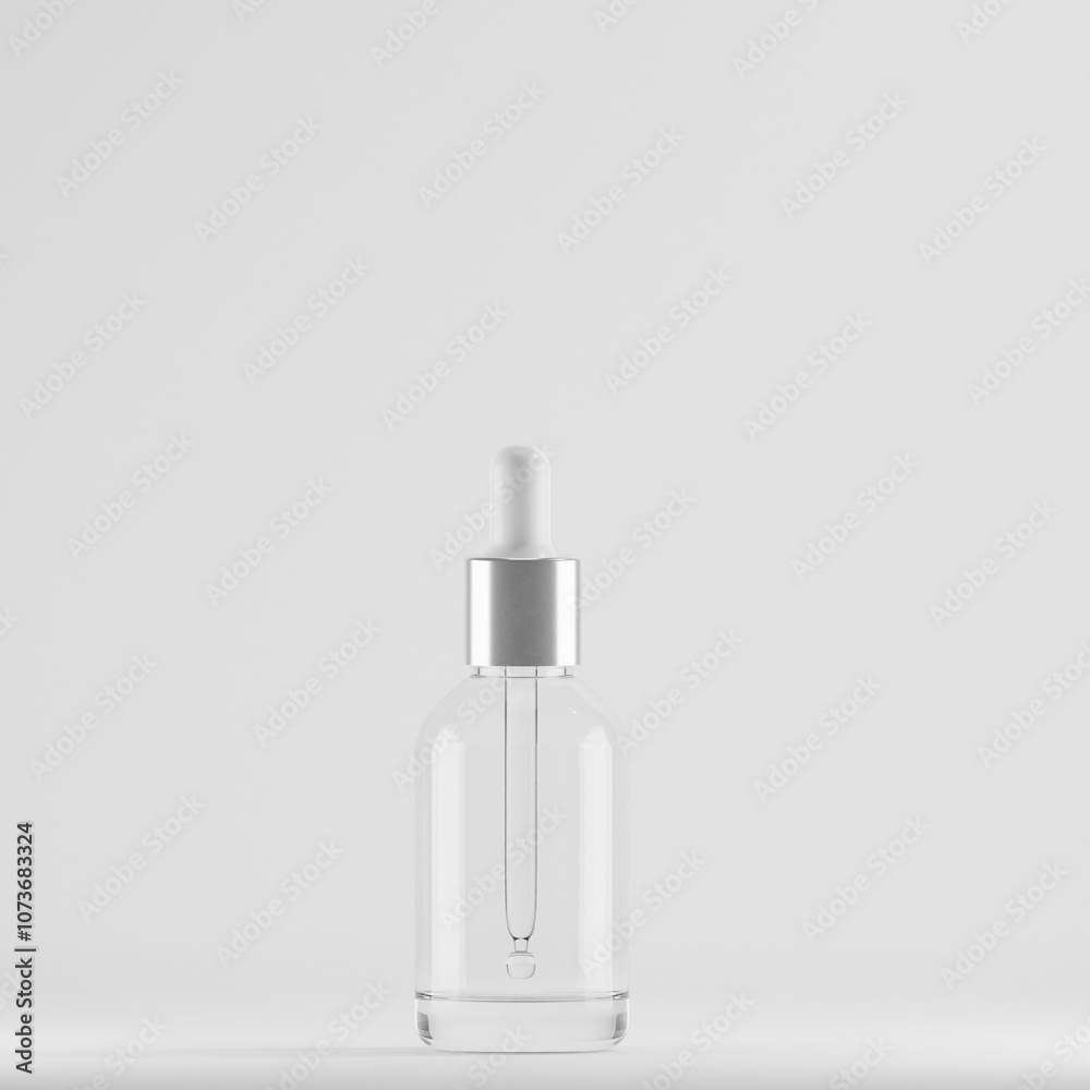 Minimalist mockup of a clear glass dropper bottle with a silver cap, ideal for showcasing skincare serums or cosmetic products. The clean design and white background emphasize the product's purity .