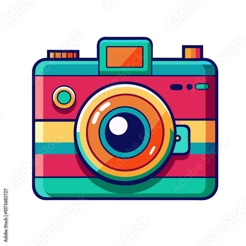 Flat illustration of a camera with a yellow, red, and blue striped body