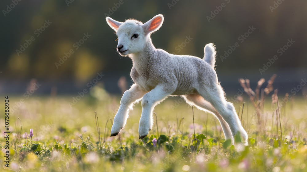 A playful white lamb leaps joyfully through a sunlit meadow, surrounded by vibrant wildflowers and soft greenery. A playful white lamb leaps joyfully through a sunlit meadow, surrounded by vibrant wildflowers and soft greenery.