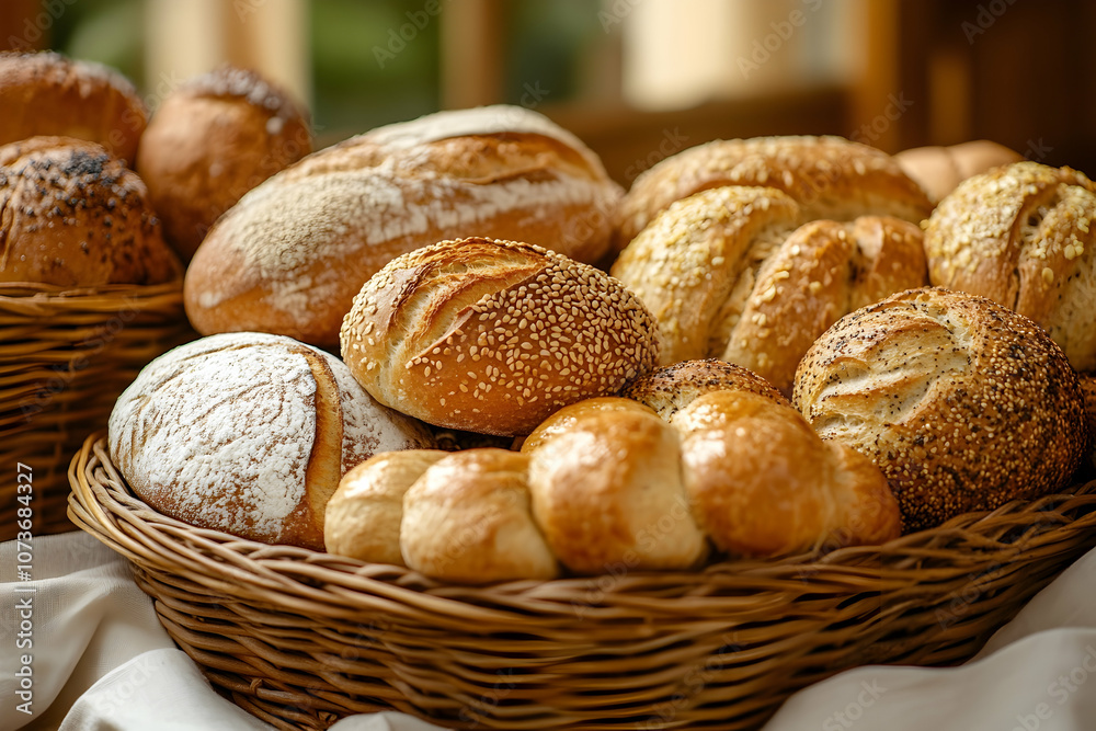 Freshly baked artisan bread in warm baskets at a cozy bakery showcase Freshly baked artisan bread in warm baskets at a cozy bakery showcase