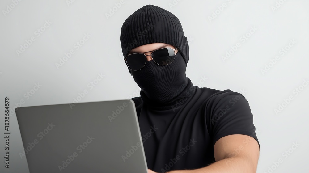A hacker wearing a balaclava and a black t-shirt, sitting in front of a laptop. The atmosphere is tense and mysterious, with a sense of secrecy as the hacker focused intently on the screen. A hacker wearing a balaclava and a black t-shirt, sitting in front of a laptop. The atmosphere is tense and mysterious, with a sense of secrecy as the hacker focused intently on the screen.