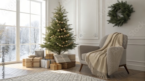 A Christmas tree is in a room with a wreath on the wall