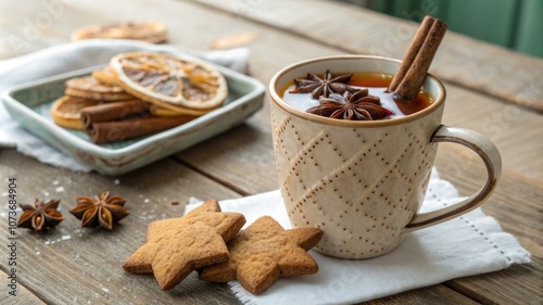 A mug of hot chocolate with cinnamon sticks and a plate of cookies