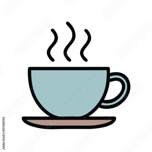 Steaming coffee cup vector illustration, Vector illustration of a steaming coffee cup on a saucer, designed in a simple style with a light blue color and black outline.
