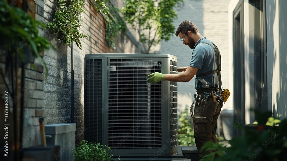 A Technician Works with an Outdoor Air Conditioner. Occupational Maintenance
A Technician Works with an Outdoor Air Conditioner. Occupational Maintenance