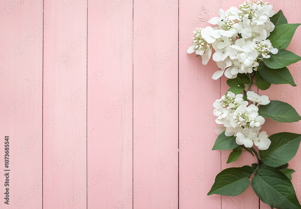 White Flowers Border on Pink Wooden Background White Flowers Border on Pink Wooden Background