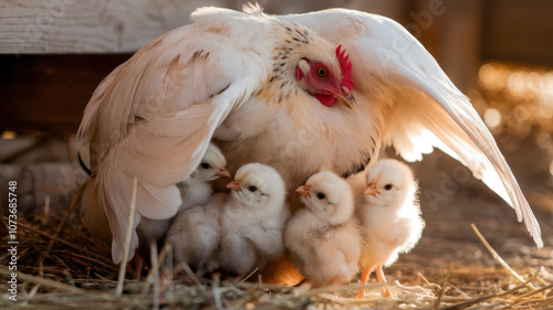 A nurturing white hen shelters her five fluffy yellow chicks under her wings, creating a warm and protective environment in a cozy farmyard setting. photo