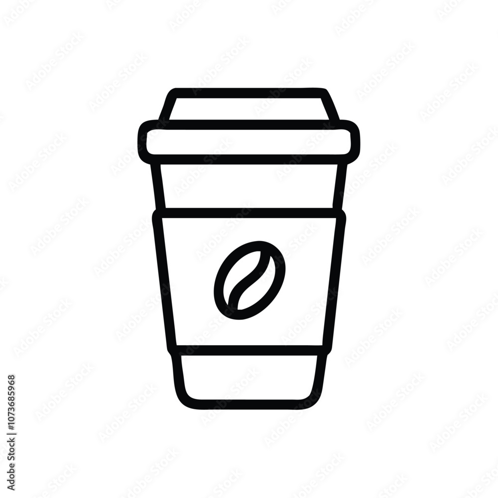 Coffee to-go cup vector illustration in black outline, Minimalistic vector illustration of a coffee to-go cup with a lid and sleeve, depicted in a simple black outline with a coffee bean icon.
Coffee to-go cup vector illustration in black outline, Minimalistic vector illustration of a coffee to-go cup with a lid and sleeve, depicted in a simple black outline with a coffee bean icon.