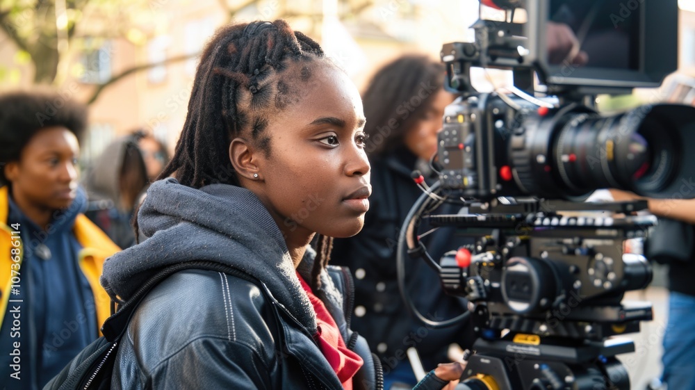 Young filmmaker operating professional camera on urban set Young filmmaker operating professional camera on urban set