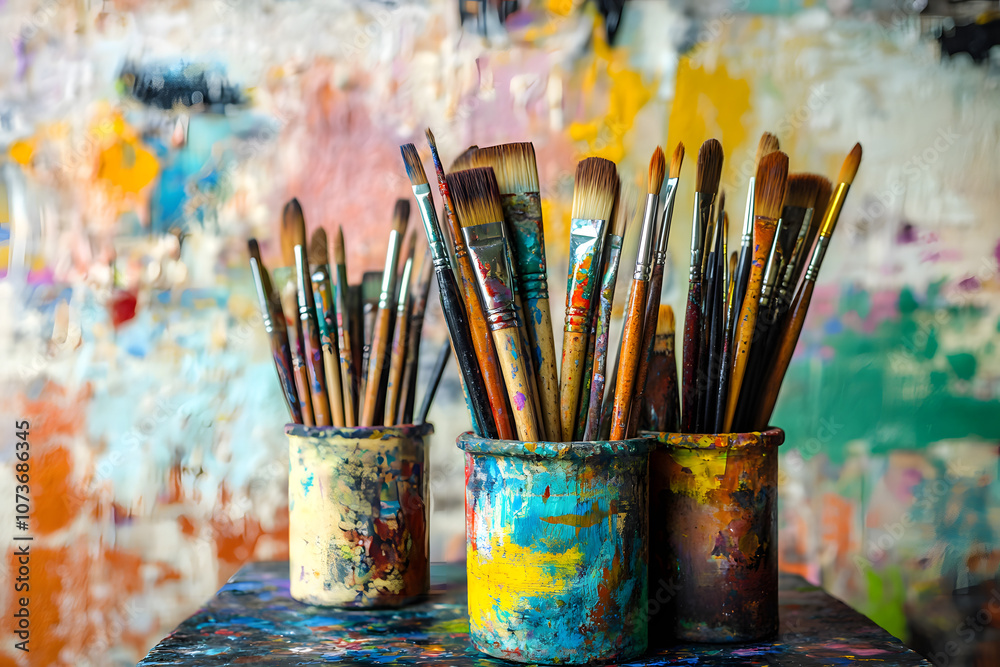 Colorful paintbrushes in vibrant paint-covered jars against an artistic backdrop, representing creativity, art tools, and the vibrant world of painting and craftsmanship Colorful paintbrushes in vibrant paint-covered jars against an artistic backdrop, representing creativity, art tools, and the vibrant world of painting and craftsmanship