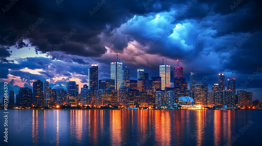 Fototapeta premium Dramatic storm clouds loom over a vibrant cityscape with twinkling lights reflected in the water.