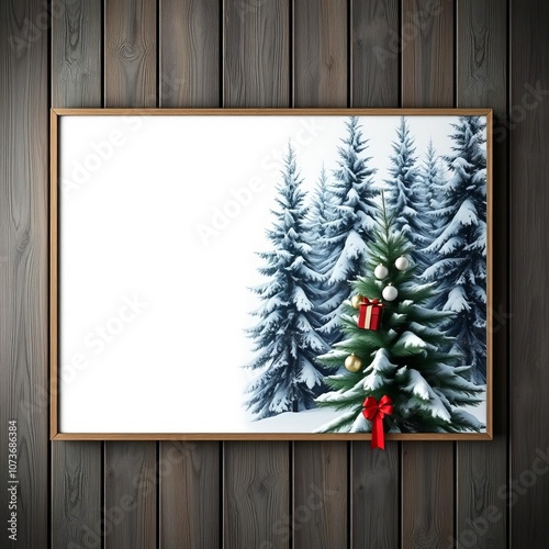 Display your winterthemed artwork or designs on a blank canvas against a snowy forest backdrop on a wooden wall frame christmas isolated photo